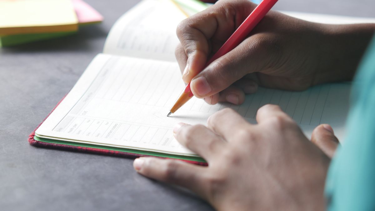 person writing daily schedule planner notebook