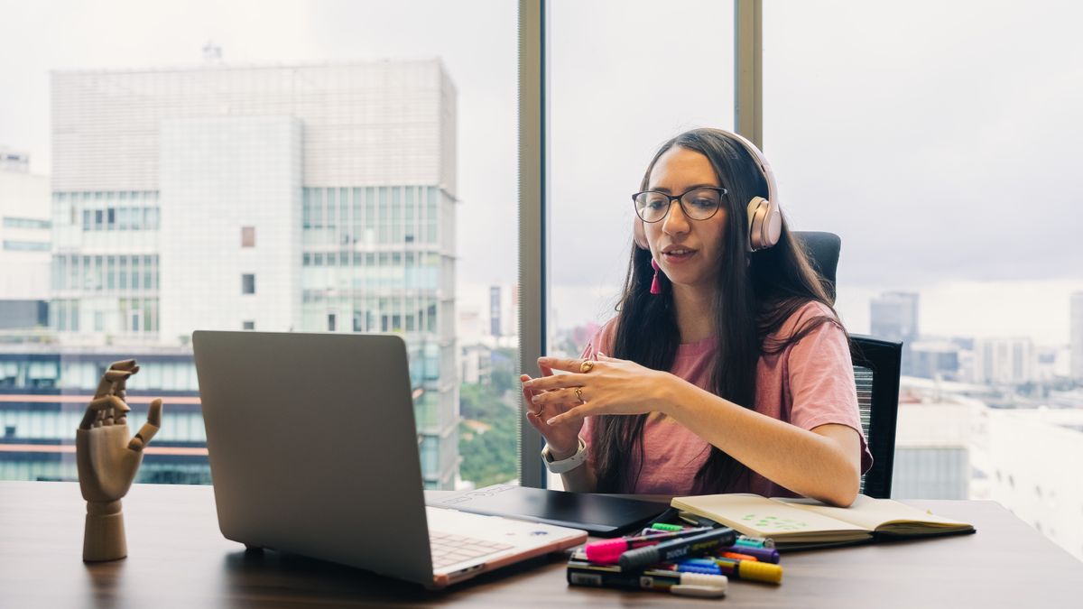 business woman video call notebook