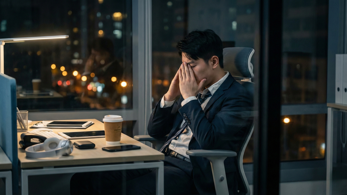 japanese businessman studying at night, textbook, coffee cup