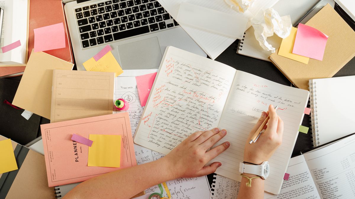 person studying at desk with planner