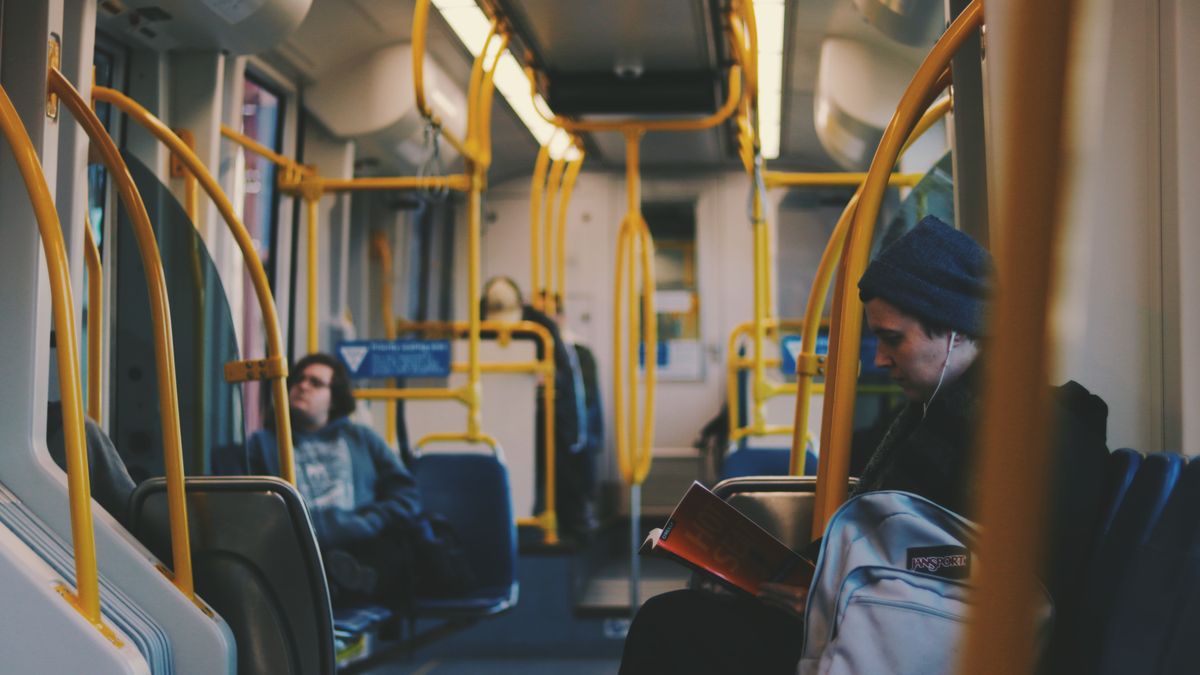 businessperson commuting train reading book