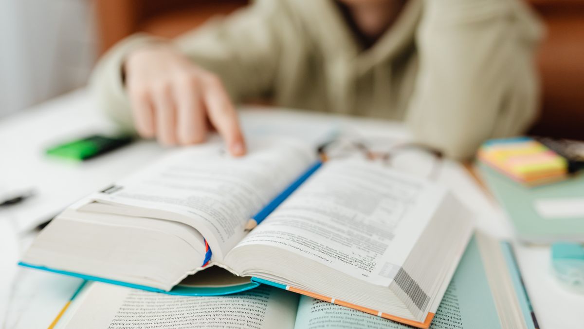 person studying textbook desk notes