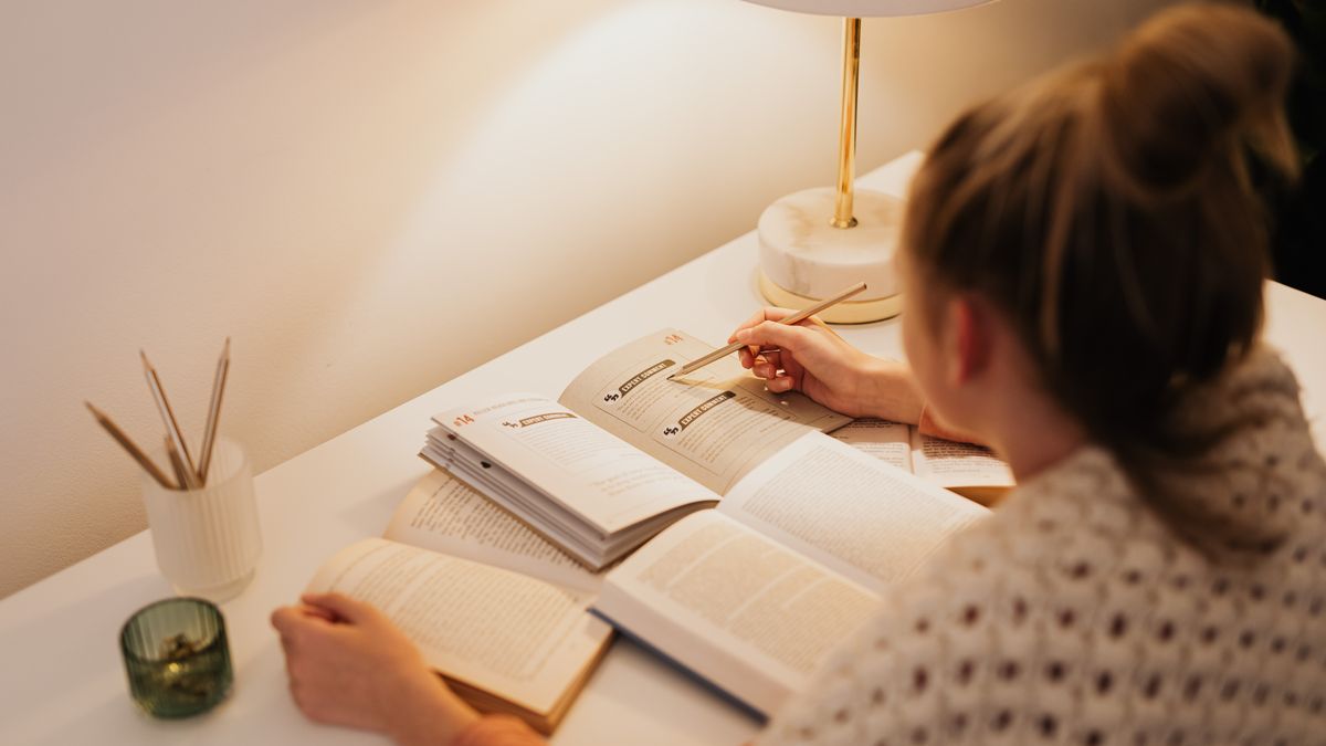 person studying textbook notes at desk