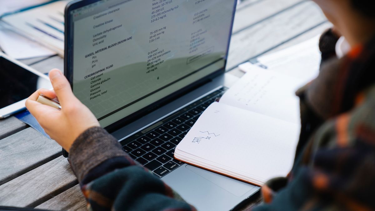 person comparing online course laptop notes