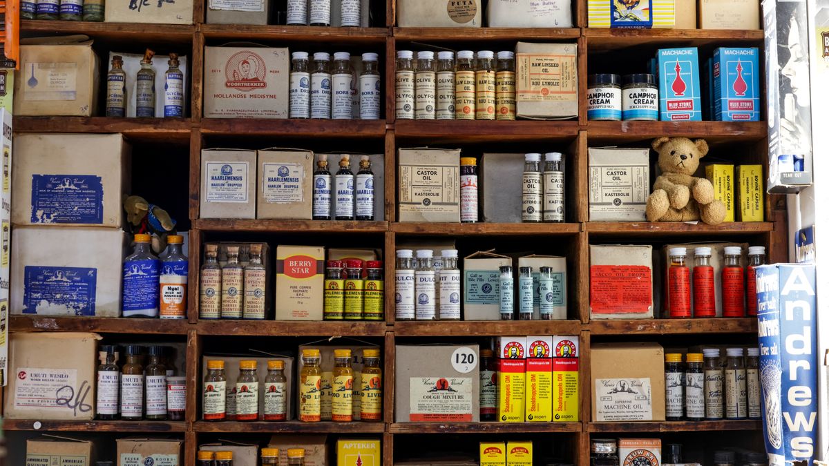 pharmacy shelf with medicine boxes