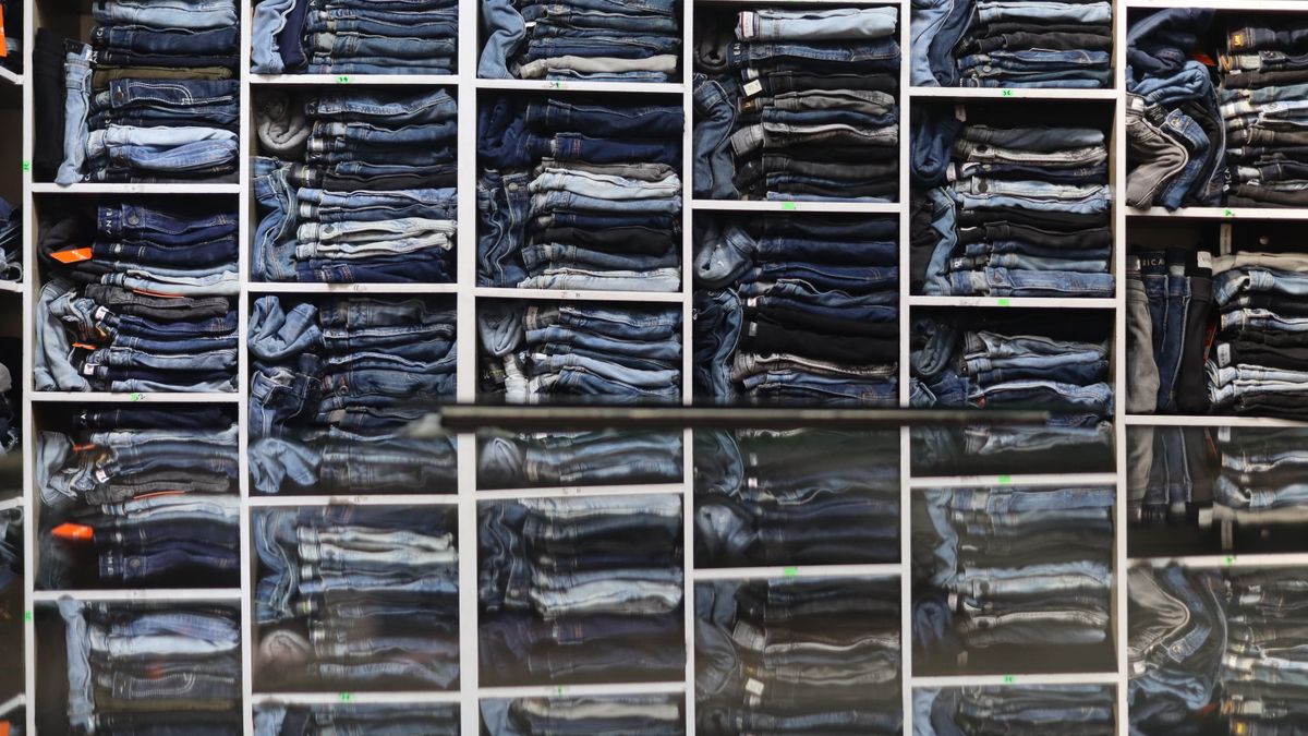 clothing store display colorful shelves